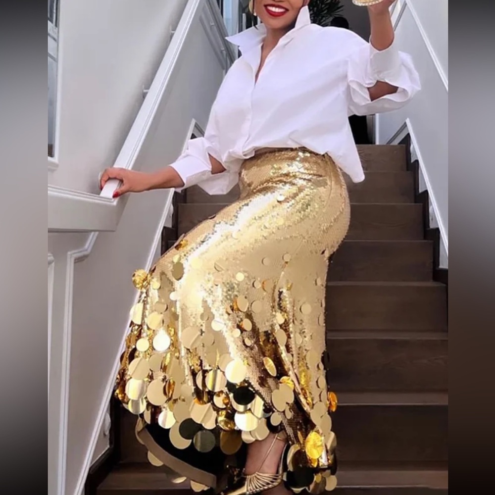 🎉Plus Size Elegant Gold Or Silver Long Sequin Formal Midi Skirt - Picture 8 of 14